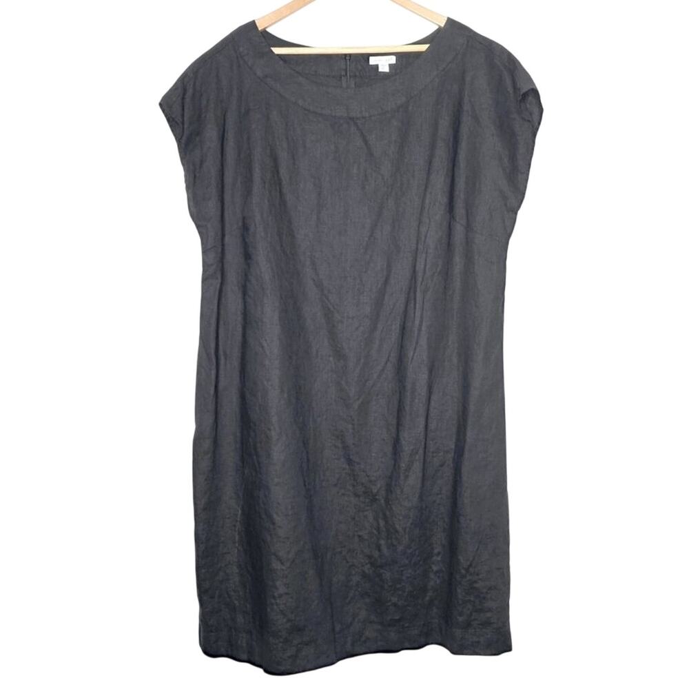 J. Jill XL Love Linen Black Woven 100% Linen Cap Sleeve Shift Dress Back Zipper